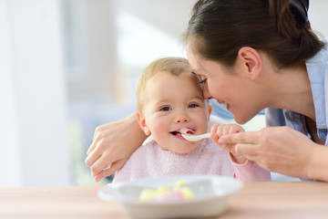 Baby girl eating lunch with help of her mommy