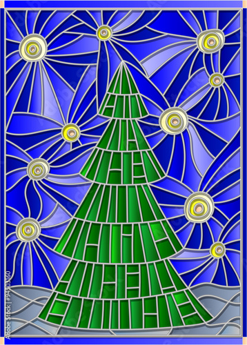 Obraz w ramie Vector illustration in stained glass style image of a Christmas tree against the starry sky