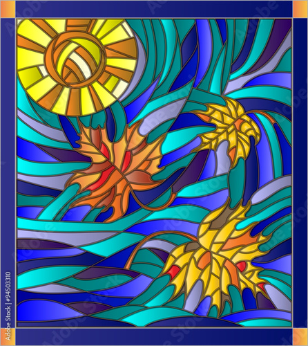 Obraz w ramie Vector illustration in stained glass style with maple leaves on background of sunny sky