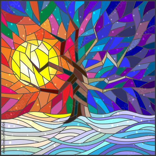 Fototapeta na wymiar Winter landscape in the stained glass style with a lone tree against the bright sun and snow