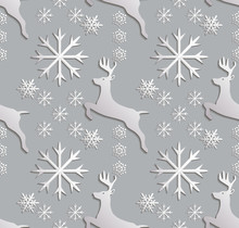 Seamless Background Abstract Illustration Of Winter. Figure 3D, Treindeer, Snowflakes. Colour White, Gray. Vector.