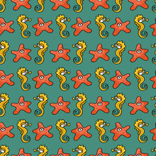 Cute Seamless Pattern With Underwater Live: Cartoon Starfish, Sea Horse. Vector Sea Background. Use For Wallpaper,pattern Fills, Web Page Background.