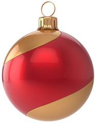 Wall Mural - Christmas ball decoration New Year's Eve bauble red golden sphere hanging adornment modern. Traditional happy wintertime holidays ornament Merry Xmas symbol blank striped. 3d render isolated