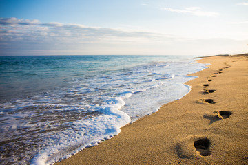 close up of footprints in the sand at sunset