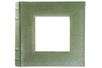 Stamped leather album cover framing square window inside, isolated on white