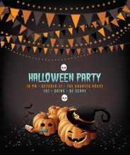 Halloween Party Pumpkins Bunting And Confetti Invitation Background EPS 10 Vector