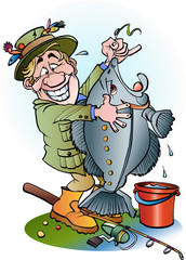 Vector cartoon illustration of a happy angler