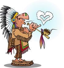 Vector Cartoon Illustration Of An Indian Chief Smoking A Pipe Blowing A Heart