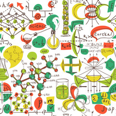 Wall Mural - Back to School: science lab objects doodle vintage style sketches seamless pattern, vector illustration.