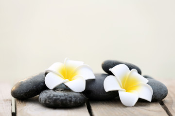 Poster - Composition of pebbles and fragipani flower on wooden background