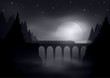 night landscape with train on old bridge and moon in background editable vector