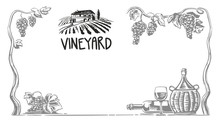 Rural Landscape With Villa And Vineyard Fields. Bunch Of Grapes, A Bottle, A Glass And A Jug Of Wine. Black And White Vintage Vector Wide Illustration For Label, Poster, Web, Icon.