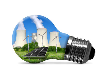 Wall Mural - Nuclear power plant with solar panel and wind turbines in lightbulb isolated.