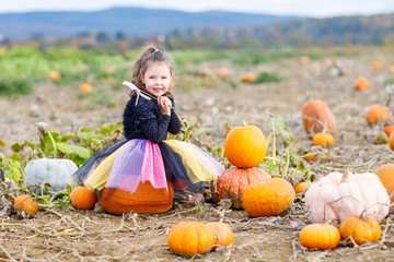 little girl wearing halloween fairy costume on pumpkin patch