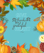 Happy Thanksgiving Day greeting card with pumpkin, autumn leaves and space for your text. 