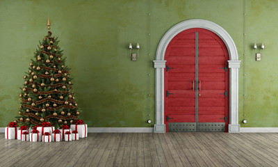 Wall Mural - Vintage entrance with christmas tree