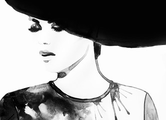 Wall Mural - Beautiful face. woman portrait with hat. abstract watercolor .fashion background