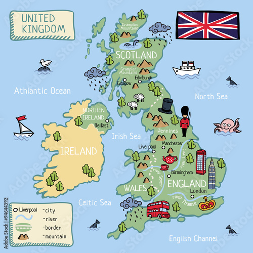 Naklejka - mata magnetyczna na lodówkę Cartoon map of United Kingdom for kids.