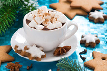 Hot Chocolate With Marshmallows On A Blue Background