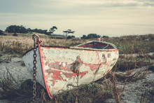 Old Abandoned Boat Sits On A Fort Warden Beach In Washington State, Just Outside Port Townsend, WA, USA. 