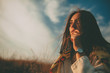 © kegfire - Closeup teenage girl looking into the distance on autumn cold windy day. Handsome young woman wearing warm sweater thinking and hesitating on sky background.