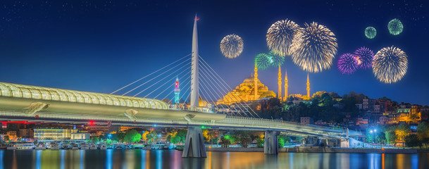 Ataturk bridge, metro bridge and beautiful fireworks, Istanbul