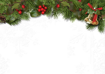 Wall Mural - Christmas border branches and holly on white background