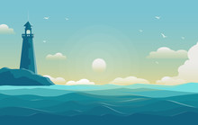 Blue Sea Background With Waves And Lighthouse. Vector Illustration