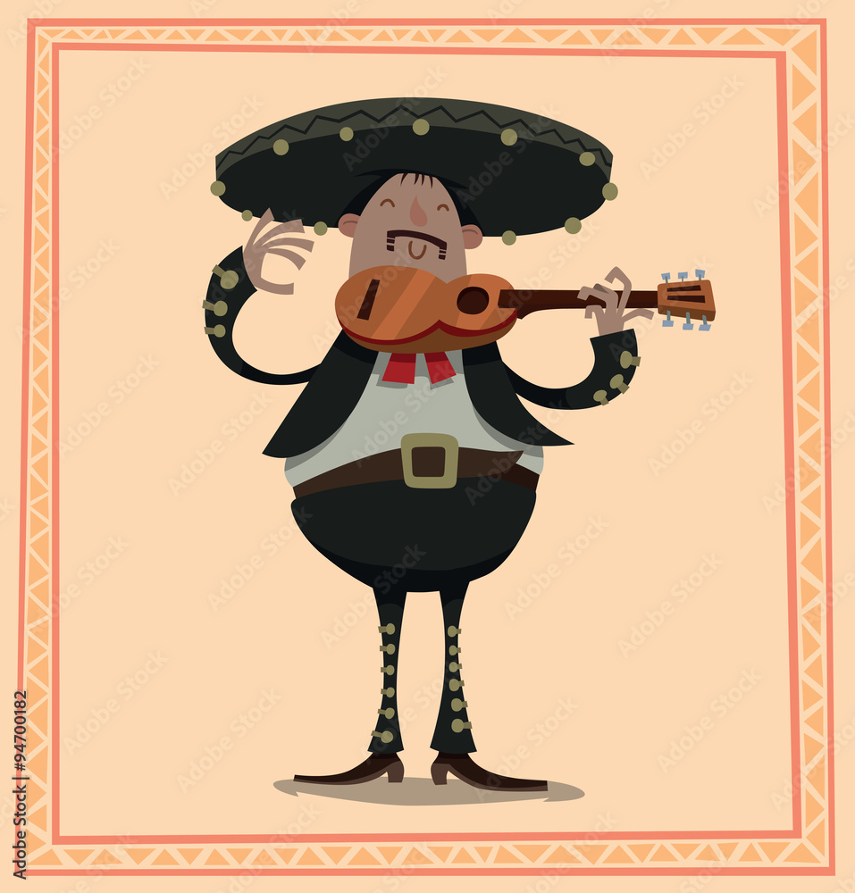 Vector Fat Mariachi with a guitar. Cartoon image of fat mariachi in  traditional Mexican black-and-, image size:957x1000