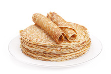 Stack Of Pancakes On A Plate, White Background