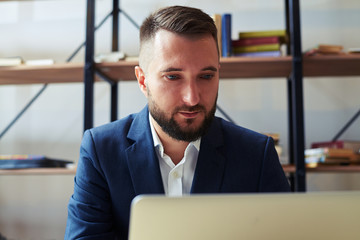 Wall Mural - man looking at laptop and working in office