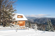 Zasypana śniegiem chata w górskim lesie z pięknym widokiem