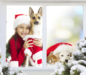 Canvas Print - girl and a puppy waiting for Christmas