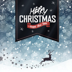 Poster - Merry Christmas Vintage Background. Falling Snow and Black Badge
