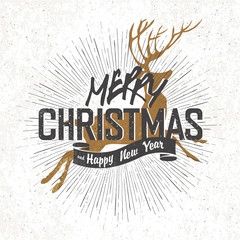 Poster - Merry Christmas Vintage Monochrome Lettering with Christmas deer