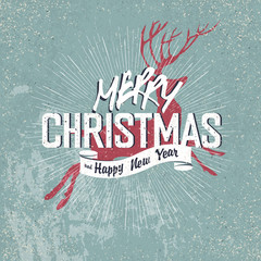 Poster - Merry Christmas Vintage Lettering with Christmas red deer silhou