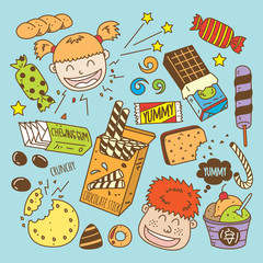 Wall Mural - sweet and snack with happy kids doodle