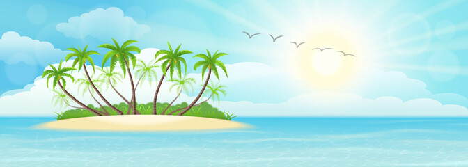 Wall Mural - Summer tropical island with palms, sand, sky and sun