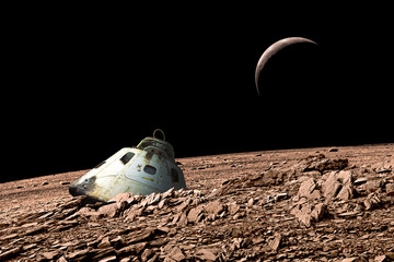 Wall Mural - a harsh alien landscape is the crash site of a space capsule. - elements of this image furnished by 