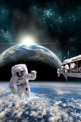 Wall Mural - a team of astronauts work on a space station - elements of this image furnished by nasa.