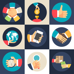Wall Mural - Set of Flat Design Vector Business Icons. Teamwork, Investment, Global Economics, Partnership, Time Management