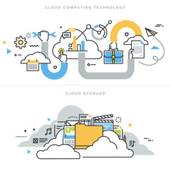 Flat line design vector illustration concepts for cloud computing technology, cloud storage, cloud solutions, security and availability, for website banner and landing page.