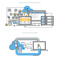 Fototapete - Flat line design concepts for big data architecture, big data technology, database analytics, mobile cloud computing, cloud platform and solutions, for website banner and landing page.