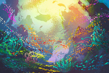 Underwater With Coral Reef And Colorful Fish,illustration Painting
