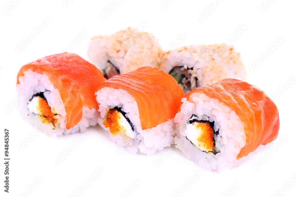 Tasty rolls with salmon isolated in white