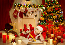 Christmas Kid Write Wish List, Child In Santa Claus Hat Writing