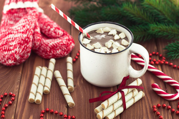 Hot chocolate with marshmallows on a wooden table