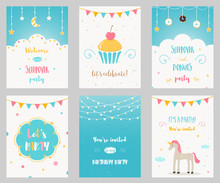 Vector Set Of Birthday And Sleepover Kids Party Invitations