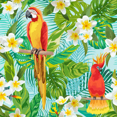 Wall Mural - Tropical Flowers and Birds Background - Vintage Seamless Pattern