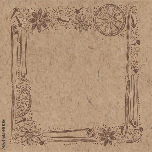 Tapeta ścienna na wymiar Vector frame with spices and orange slices on kraft paper background.